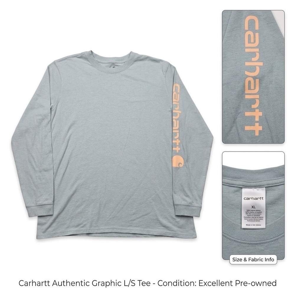 Carhartt Womens XL Loose Fit Long Sleeve Graphic Tee Blue Gray Peach Logo